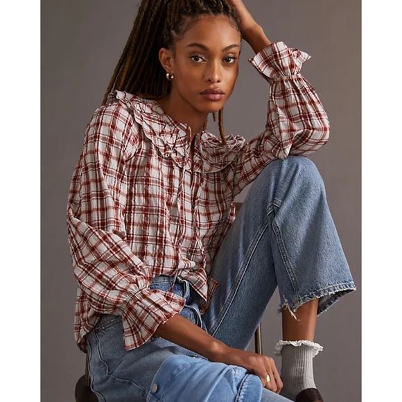 Anthropologie Maeve Ruffled Plaid Buttondown Red Mottif NWT M - Picture 5 of 12